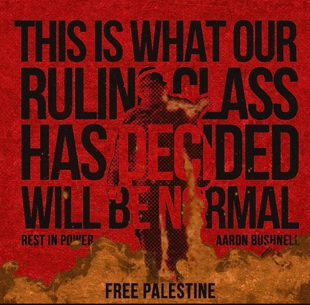 An image of Aaron Bushnell, flames surrounding him. The quote reads &quot;This is what our ruling class has decided will be normal.&quot;